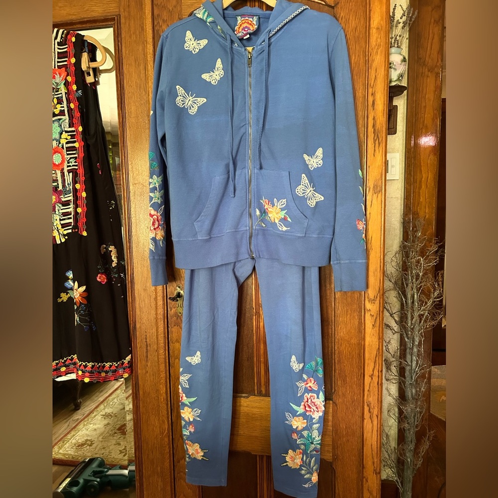 Johnny Was Blue Floral Butterfly Hoodie and Pants Set
